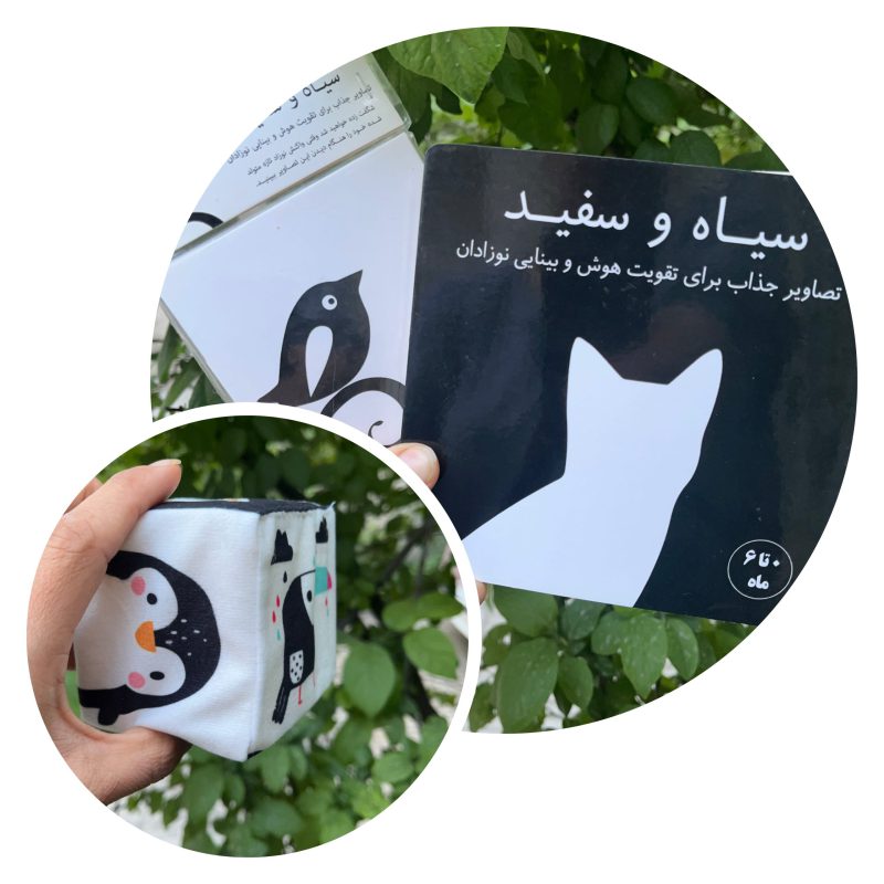 کتاب و مکعب سیاه و سفید ویژه تقویت هوش و بینایی از بدو تولد تا ۳ ماهگی